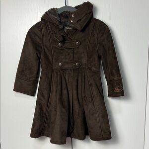 Jean Bourget Girls Faux Suede Fur Hooded Brown Double-Breasted Coat